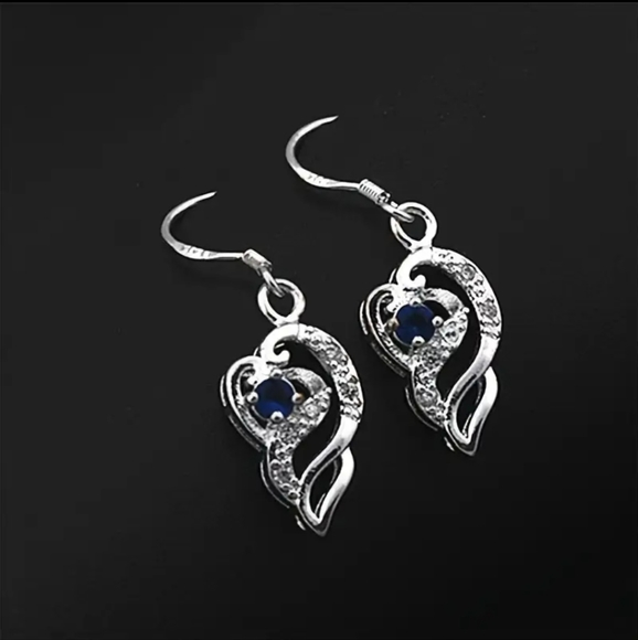 925 Sterling Silver Wire Boho Heart-Shaped Faux Sapphire & Zircon Drop Earrings - Picture 4 of 5